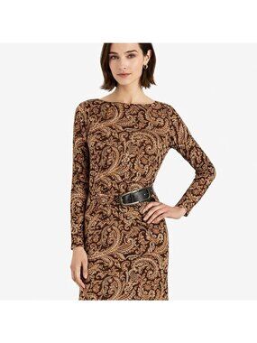 Lauren Ralph Lauren Brown Paisley Stretch Jersey Dress Size 12 Belt NWOT Career